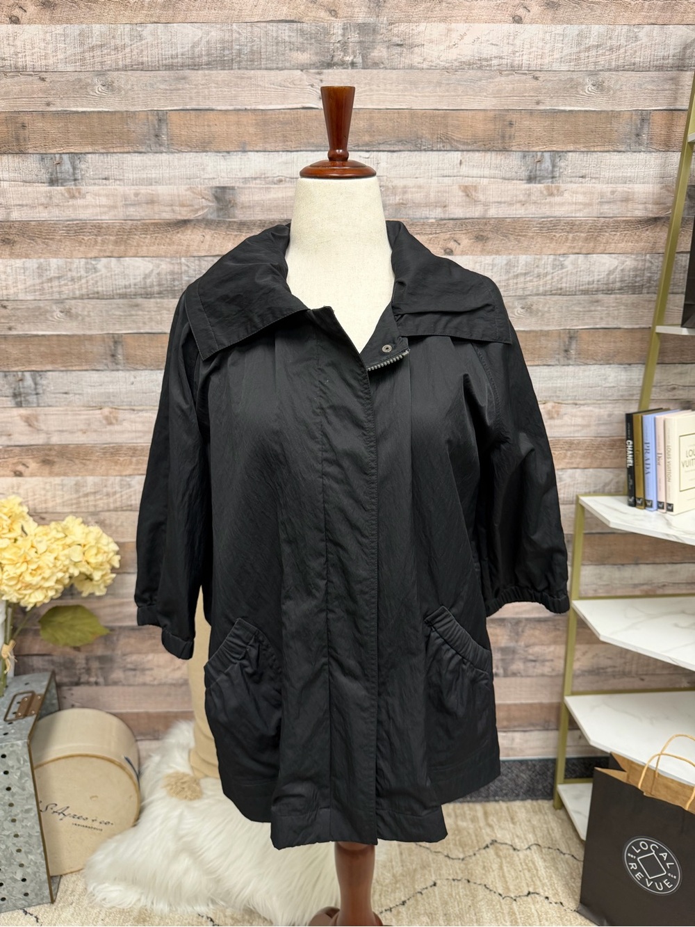 Chicos black button front jacket with large collar 2